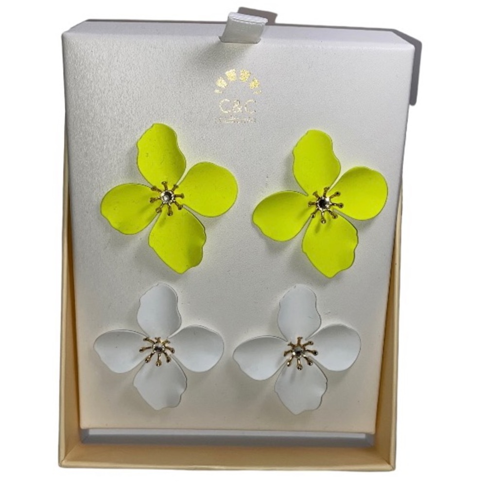 C&C California Flower Earrings Yellow and White Clear Center Stone Stud Post